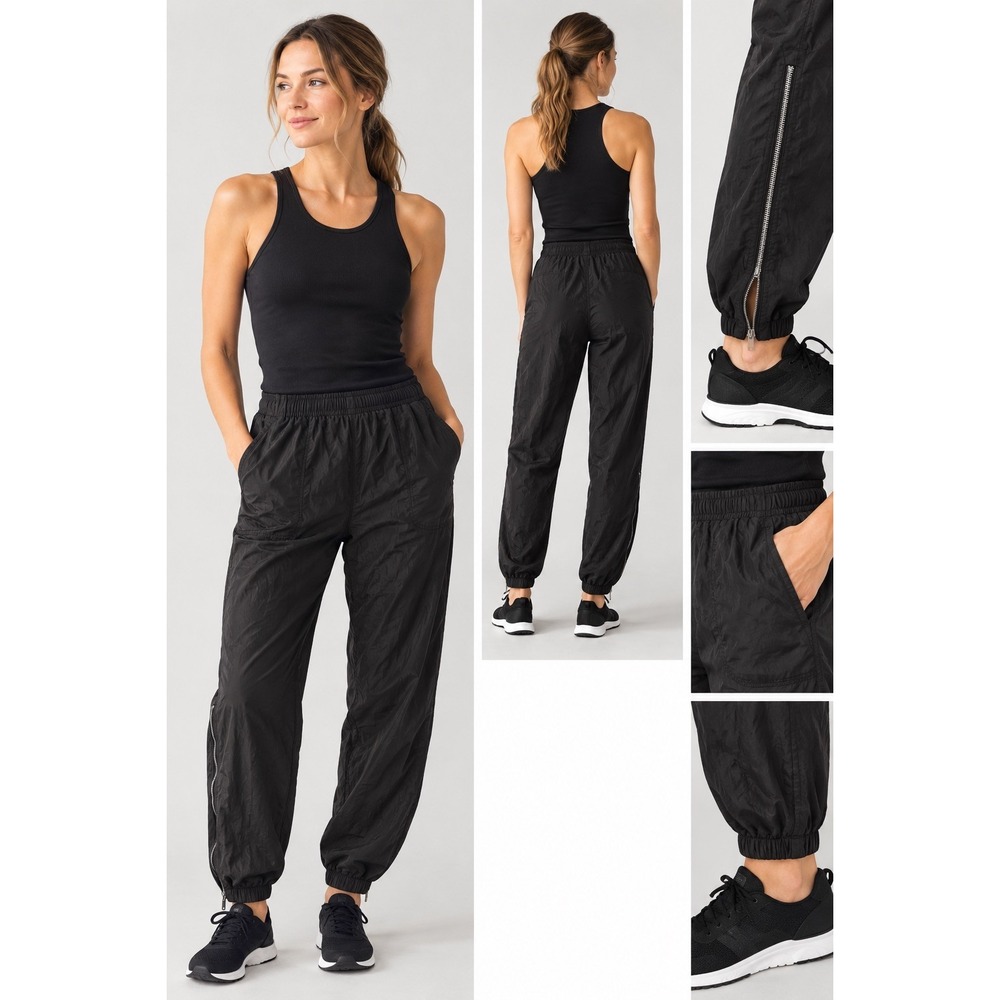 Athleta Women's Pursuit Mid Rise Zip Jogger Size Small Petite  Black Crinkle